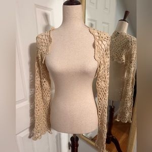 Beige Crochet Open-Front Cardigan